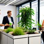 **

A diverse group of employees collaborating on a sustainability project in a modern, eco-friendly office in Germany. Include elements like recycling bins, plants, and natural light. The overall feel should be positive and collaborative, reflecting stakeholder engagement. Prompt: "Diverse team working on sustainability in a modern German office, showcasing stakeholder engagement."

**