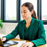 A professional sustainability manager, focused and engaged, working at a modern desk in a bright, eco-friendly office space. She is wearing a modest business suit, fully clothed, appropriate attire, professional dress. The desk features a laptop displaying a data chart related to environmental, social, and governance (ESG) metrics. Subtle green accents and natural light filter through a large window in the background. The atmosphere is one of diligent, impactful work. Professional photography, realistic style, perfect anatomy, correct proportions, natural pose, well-formed hands, proper finger count, natural body proportions, safe for work, appropriate content, professional.