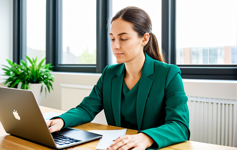 A professional sustainability manager, focused and engaged, working at a modern desk in a bright, eco-friendly office space. She is wearing a modest business suit, fully clothed, appropriate attire, professional dress. The desk features a laptop displaying a data chart related to environmental, social, and governance (ESG) metrics. Subtle green accents and natural light filter through a large window in the background. The atmosphere is one of diligent, impactful work. Professional photography, realistic style, perfect anatomy, correct proportions, natural pose, well-formed hands, proper finger count, natural body proportions, safe for work, appropriate content, professional.