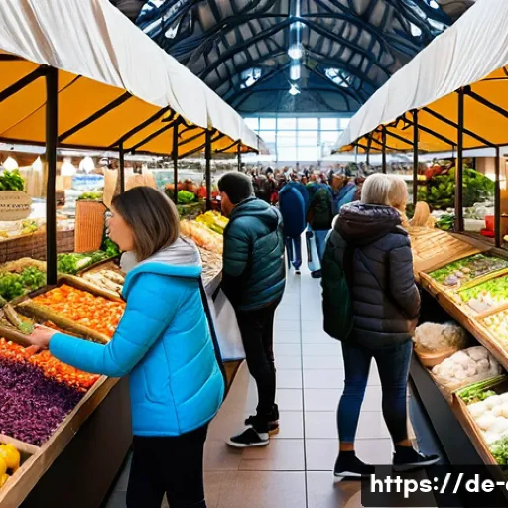 사회적 책임 경영과 관련된 국제 표준 - A bustling, brightly lit indoor market in a modern European city. Diverse shoppers, including young ...