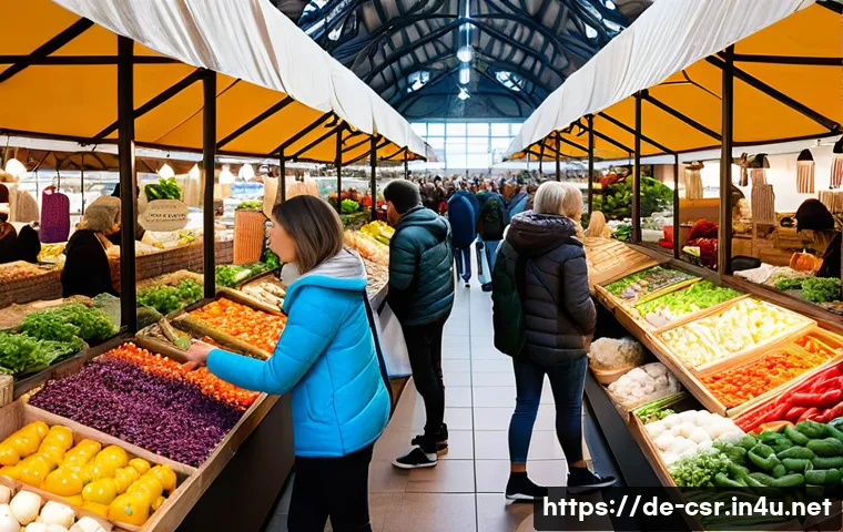 사회적 책임 경영과 관련된 국제 표준 - A bustling, brightly lit indoor market in a modern European city. Diverse shoppers, including young ...