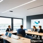 사회적 책임 경영 전문가로서의 커리어 플랜 - A modern corporate office setting in Germany, showing a diverse team of CSR professionals engaged in...