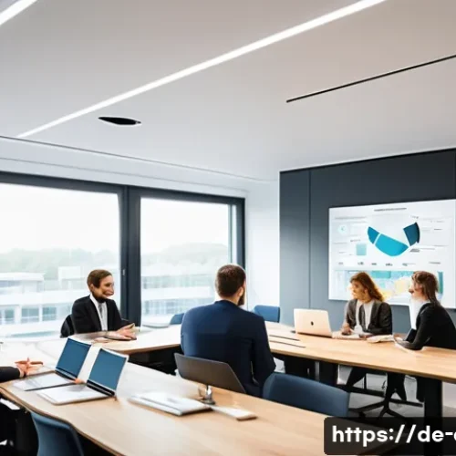 사회적 책임 경영 전문가로서의 커리어 플랜 - A modern corporate office setting in Germany, showing a diverse team of CSR professionals engaged in...