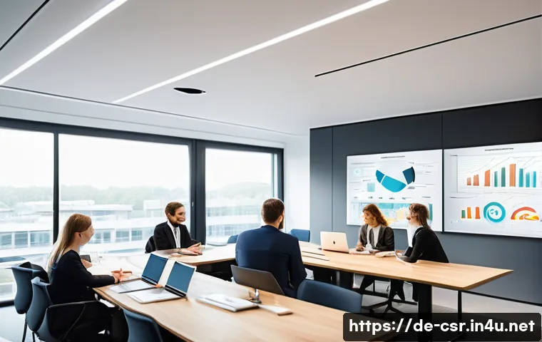 사회적 책임 경영 전문가로서의 커리어 플랜 - A modern corporate office setting in Germany, showing a diverse team of CSR professionals engaged in...