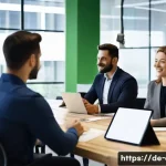 사회적 책임 경영 실습 성공을 위한 팁 - A modern corporate office scene showing a diverse group of employees and managers engaged in a works...