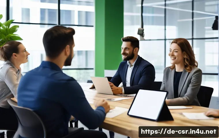 사회적 책임 경영 실습 성공을 위한 팁 - A modern corporate office scene showing a diverse group of employees and managers engaged in a works...