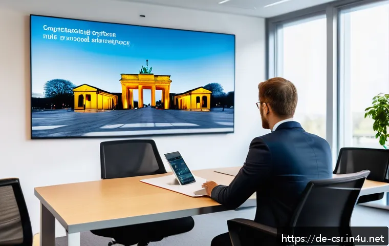 사회적 책임 경영 자격증 취득 후 취업 사례 - A professional office scene in Germany showing a young CSR-certified employee presenting a sustainab...