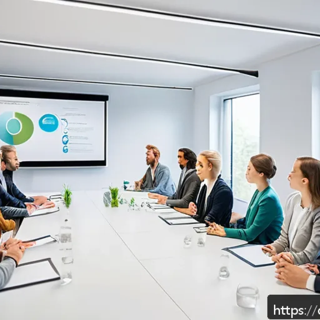 사회적 책임 경영 실무 워크숍 후기 - A modern corporate workshop scene set in a bright, spacious conference room in Berlin, featuring div...