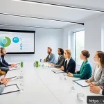 사회적 책임 경영 실무 워크숍 후기 - A modern corporate workshop scene set in a bright, spacious conference room in Berlin, featuring div...