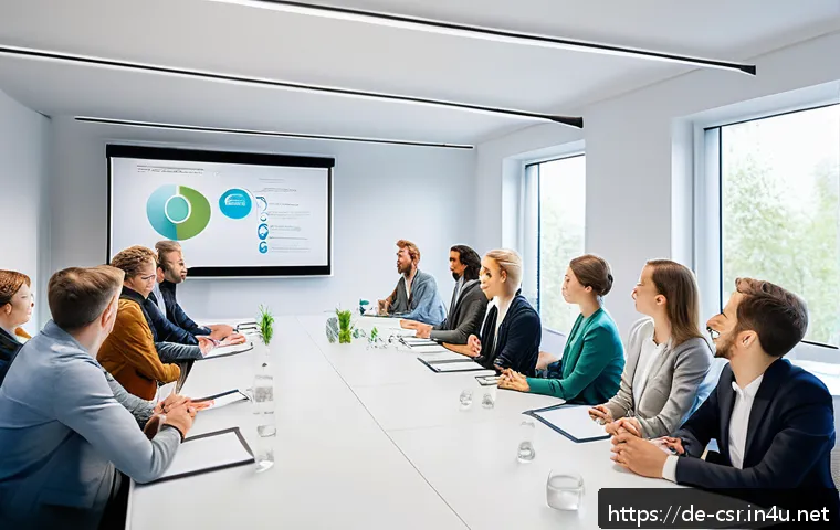 사회적 책임 경영 실무 워크숍 후기 - A modern corporate workshop scene set in a bright, spacious conference room in Berlin, featuring div...