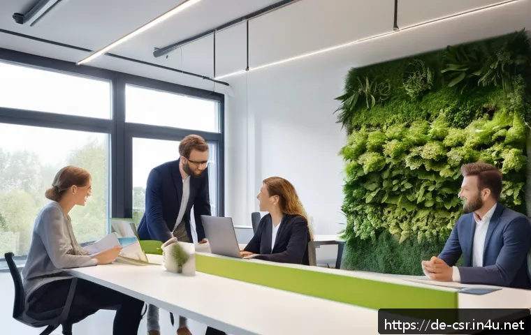 사회적 책임 경영이 기업에 미치는 영향 - A modern, bright office environment in Germany showcasing a diverse team of professionals collaborat...