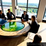 사회적 책임 경영의 미래 전망과 발전 방향 - Photorealistic future-focused corporate social responsibility meeting in a sunlit Berlin innovation ...