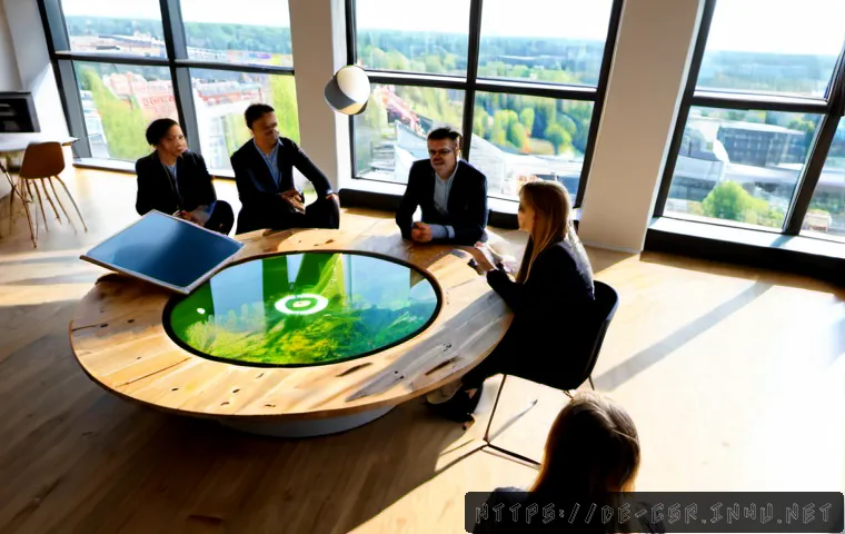 사회적 책임 경영의 미래 전망과 발전 방향 - Photorealistic future-focused corporate social responsibility meeting in a sunlit Berlin innovation ...