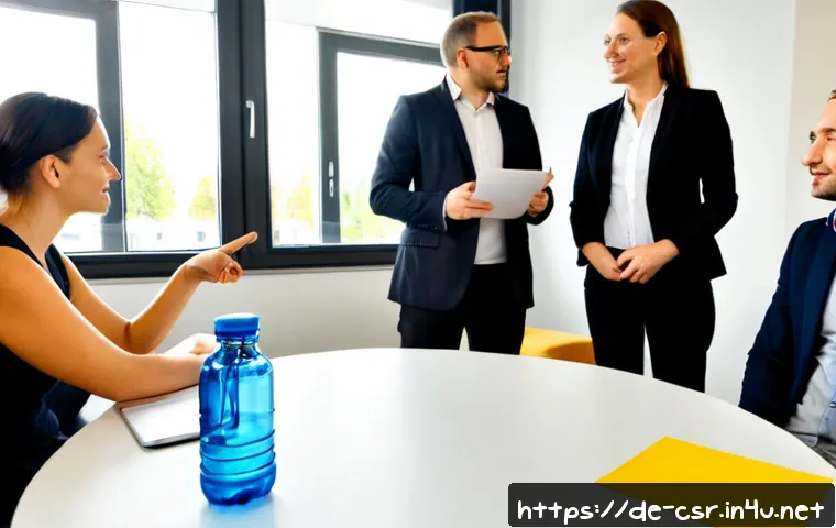 Home 17 사회적 책임 경영에서의 의사소통 문제 해결법 - Photorealistic corporate roundtable in a modern German office, diverse sustainability team and local...